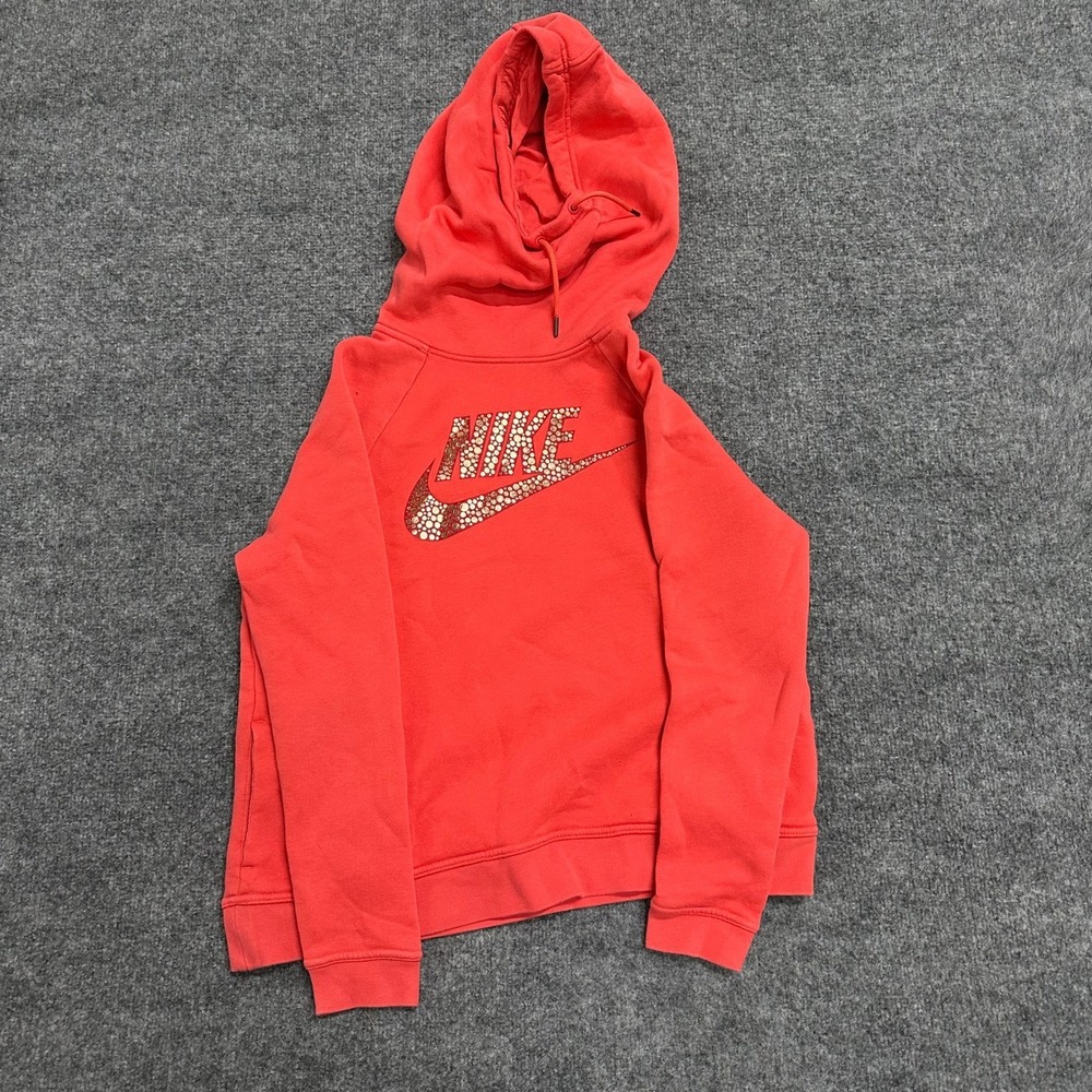 Nike Hoodie Womens Size M Coral Red Viscose Metallic Logo Pullover Athletic